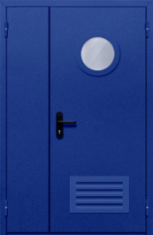 Фото двери «Полуторная с круглым стеклом и решеткой (синяя)» в Красногорску